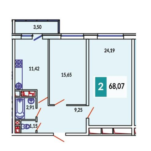 2-комнатная 68.5 м2 в ЖК undefined корпус null этаж 22
