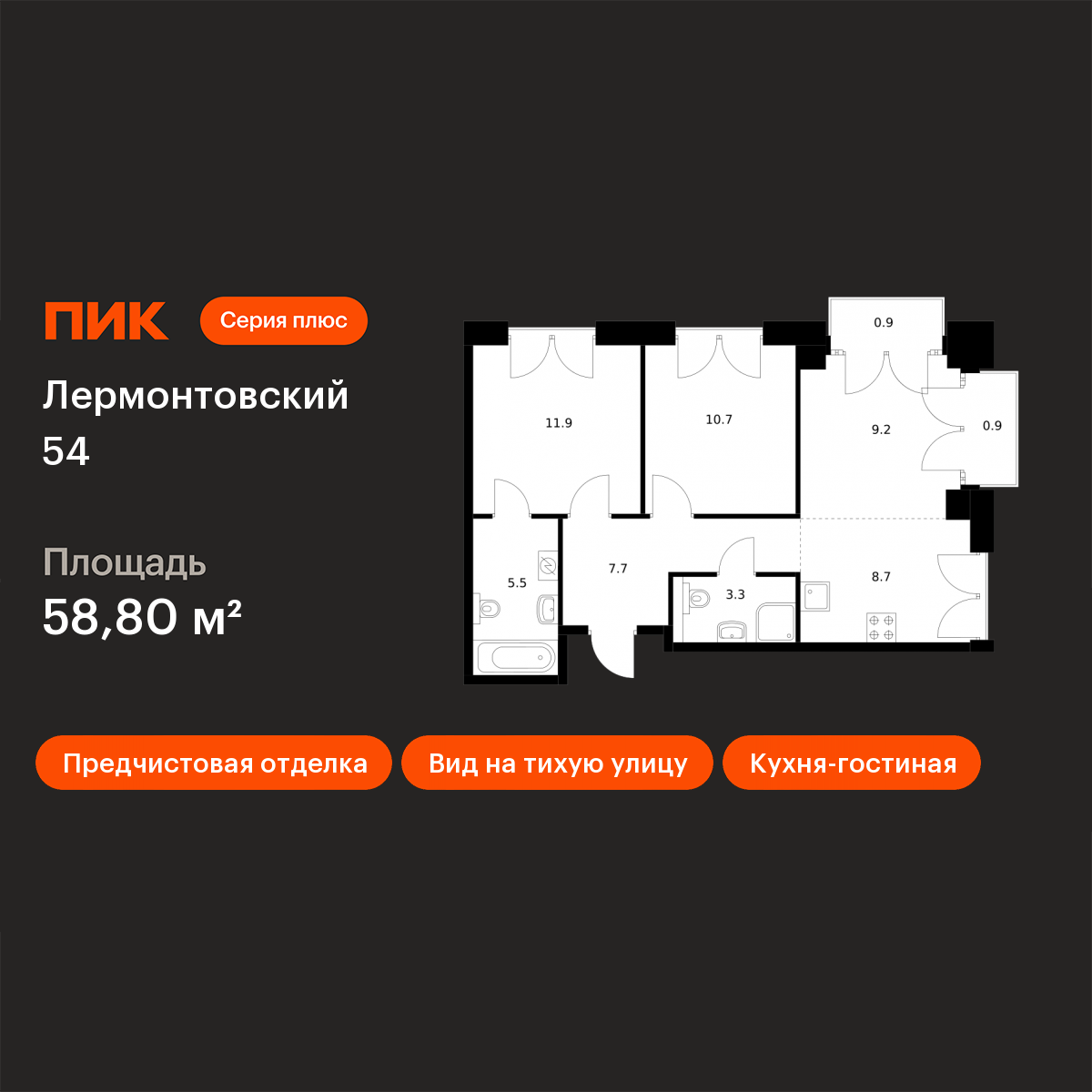 2-комнатная 58 м2 в ЖК Лермонтовский 54 корпус null этаж 3