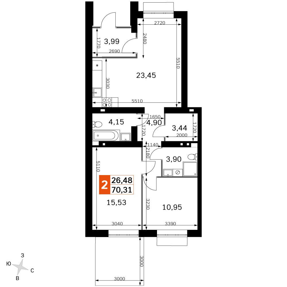 2-комнатная 70 м2 в ЖК Жаворонки Клаб корпус null этаж 1