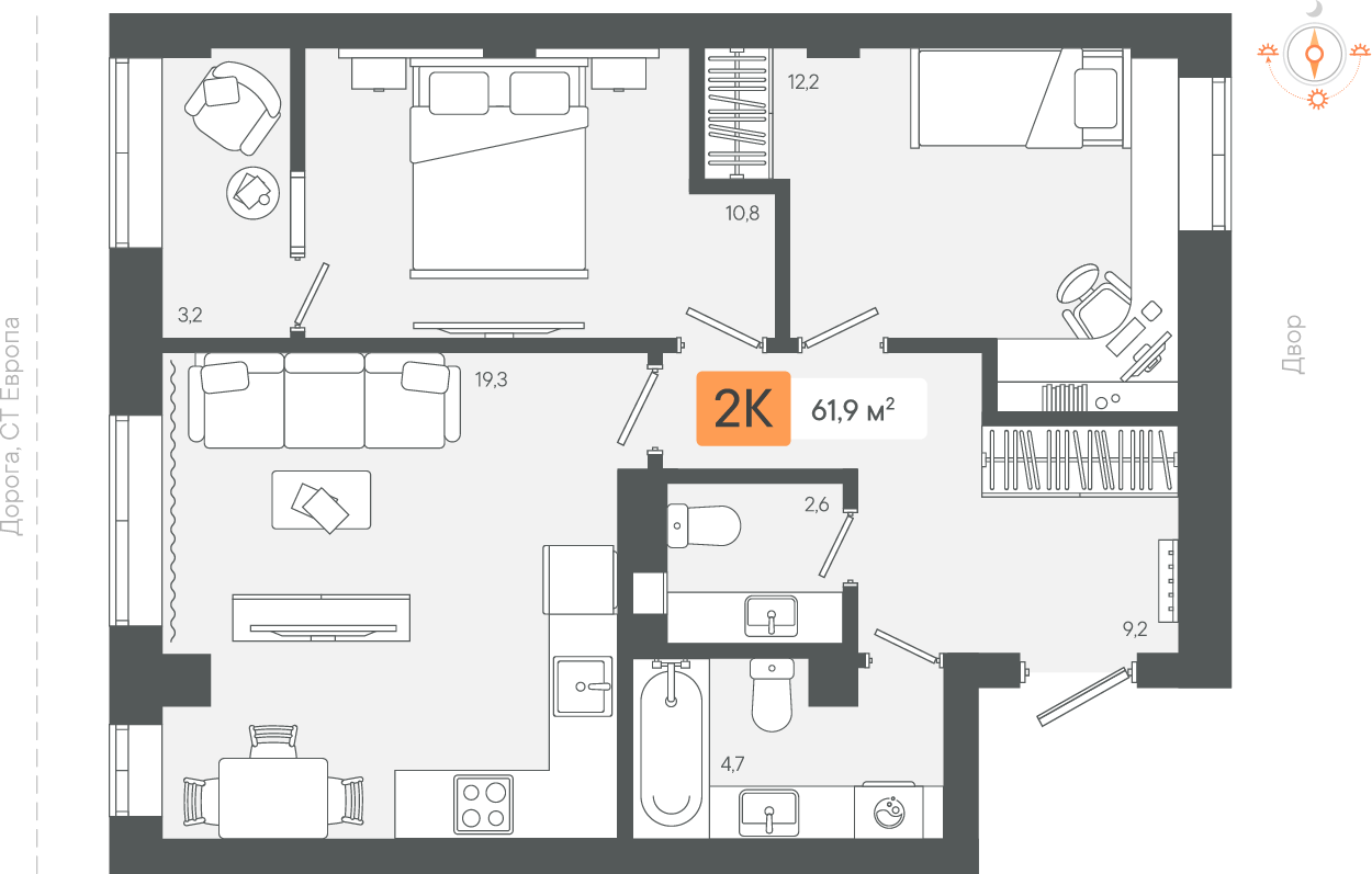 2-комнатная 61 м2 в ЖК Zori корпус null этаж 4