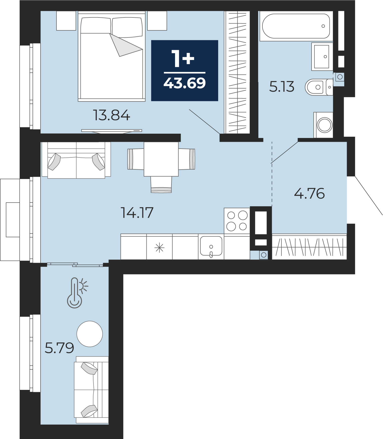 1-комнатная 43 м2 в ЖК Айвазовский корпус null этаж 10
