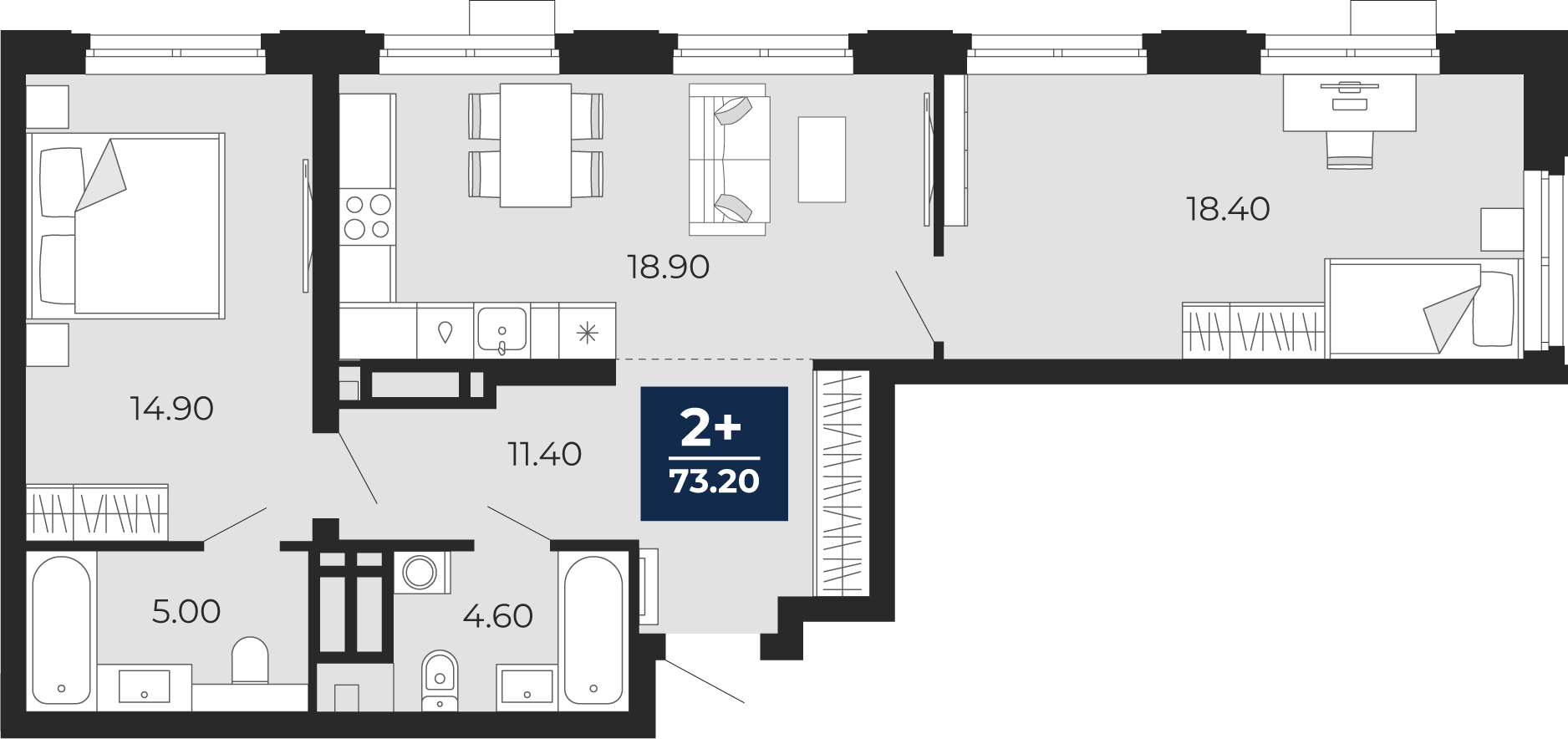 2-комнатная 73 м2 в ЖК Айвазовский корпус null этаж 8