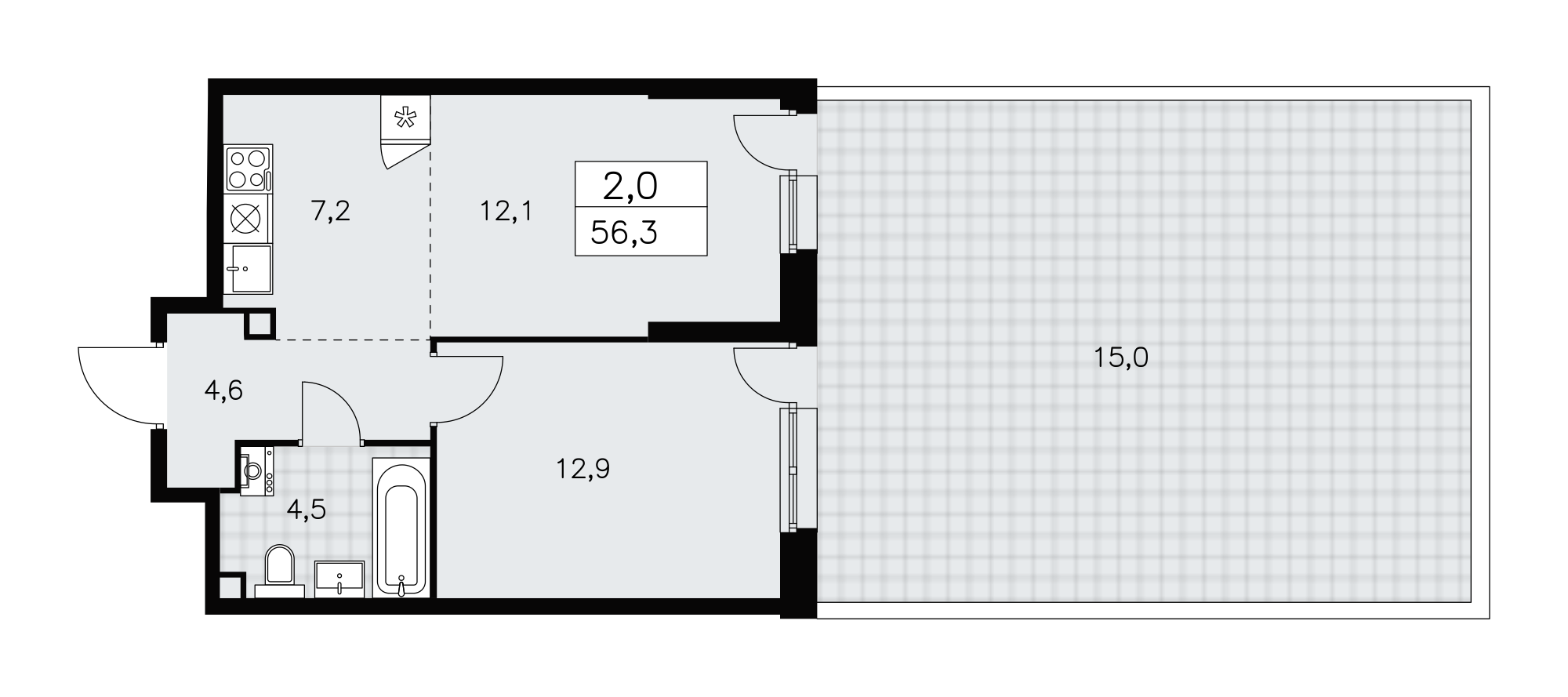 2-комнатная 56 м2 в ЖК Дзен-кварталы корпус null этаж 2