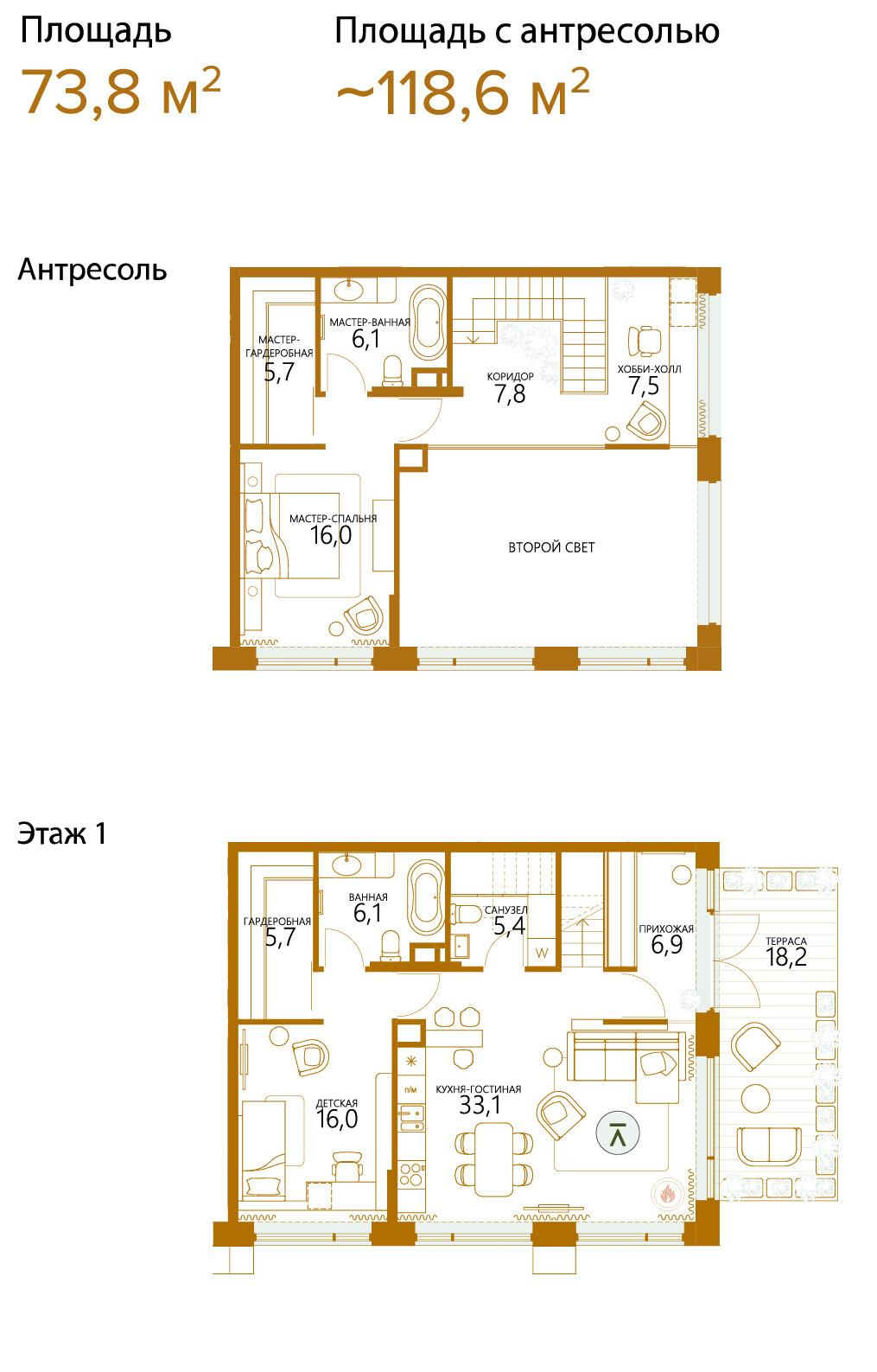 2-комнатная 118 м2 в ЖК Champine корпус null этаж 1