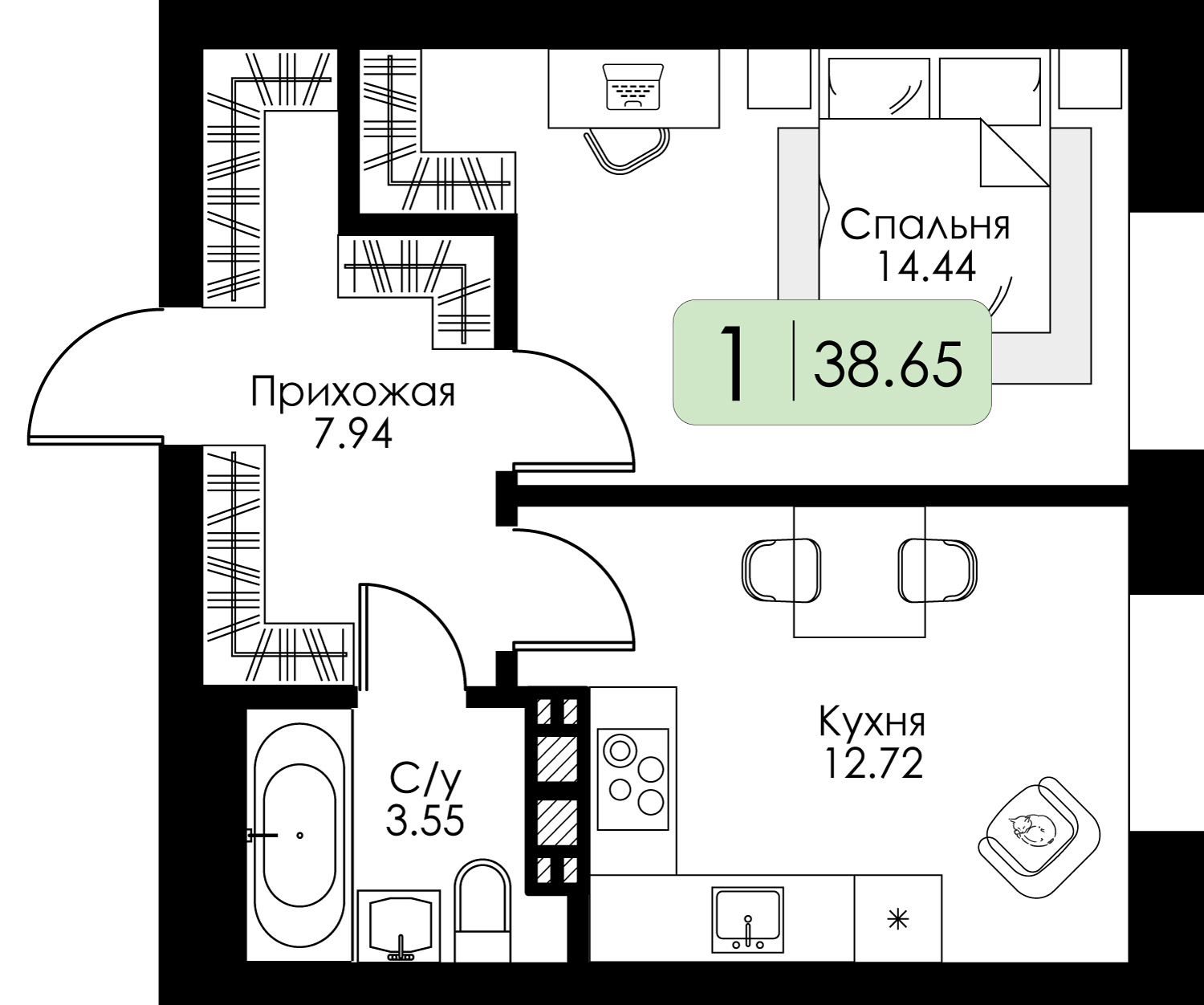 1-комнатная 38 м2 в ЖК Урбан Парк корпус null этаж 2