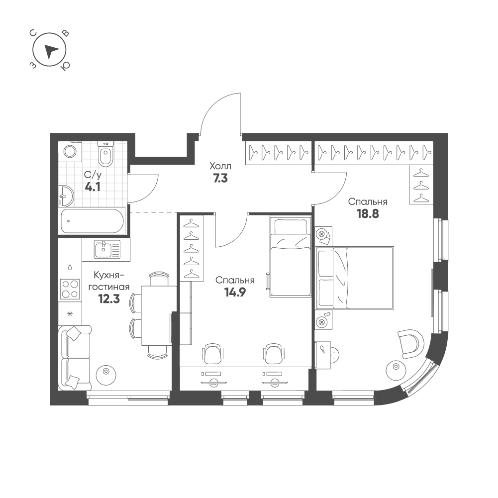 2-комнатная 57 м2 в ЖК Шагал корпус null этаж 15