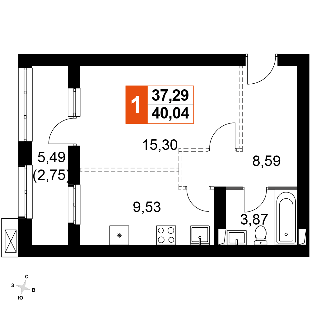 1-комнатная 40 м2 в ЖК Жаворонки Клаб корпус null этаж 3
