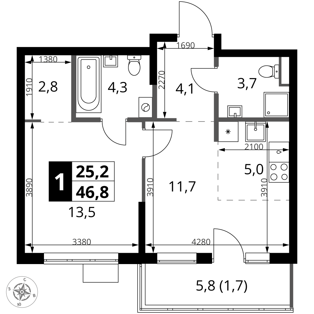2-комнатная 46 м2 в ЖК 1-й Ясеневский корпус null этаж 6