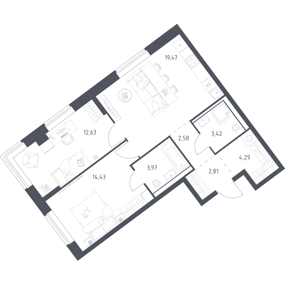 2-комнатная 63 м2 в ЖК Литературный Квартал корпус null этаж 4
