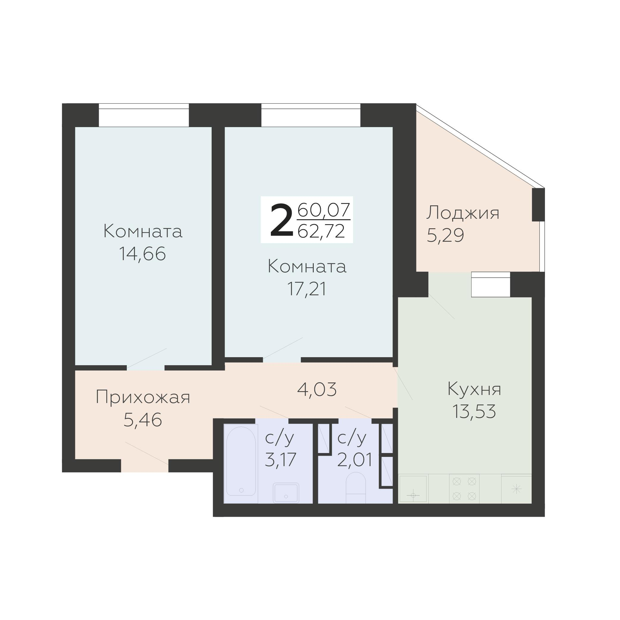 2-комнатная 62 м2 в ЖК Nova парк корпус null этаж 15