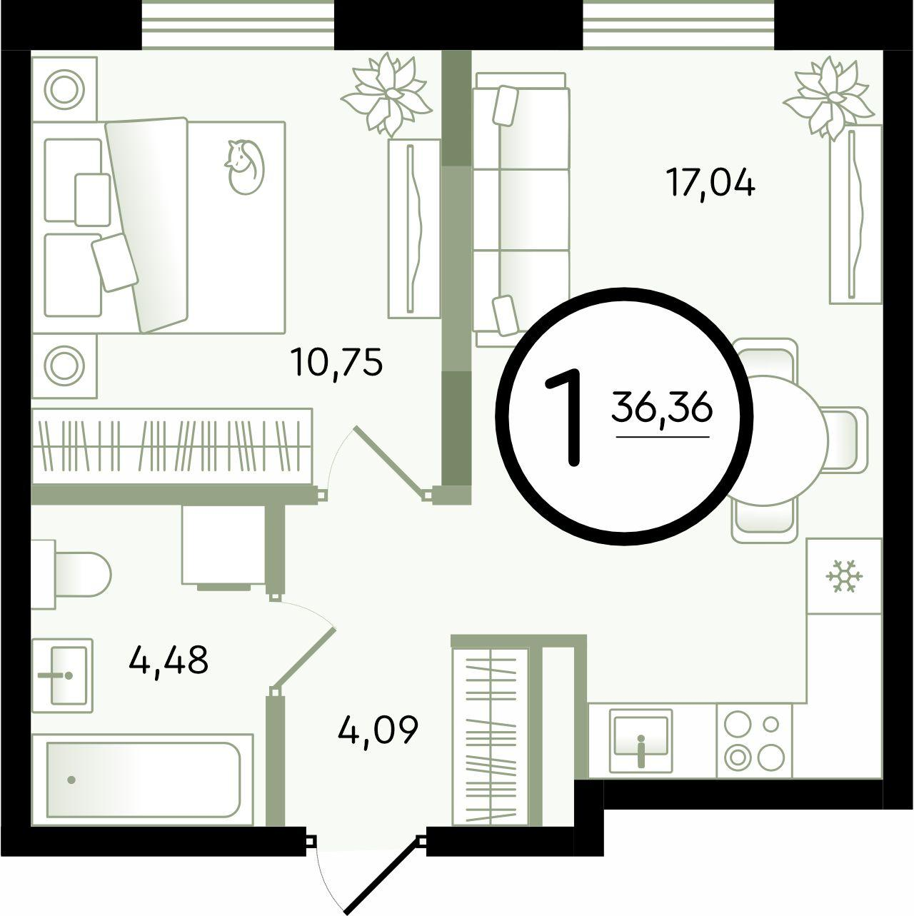 1-комнатная 36 м2 в ЖК Зеленые Аллеи корпус null этаж 2