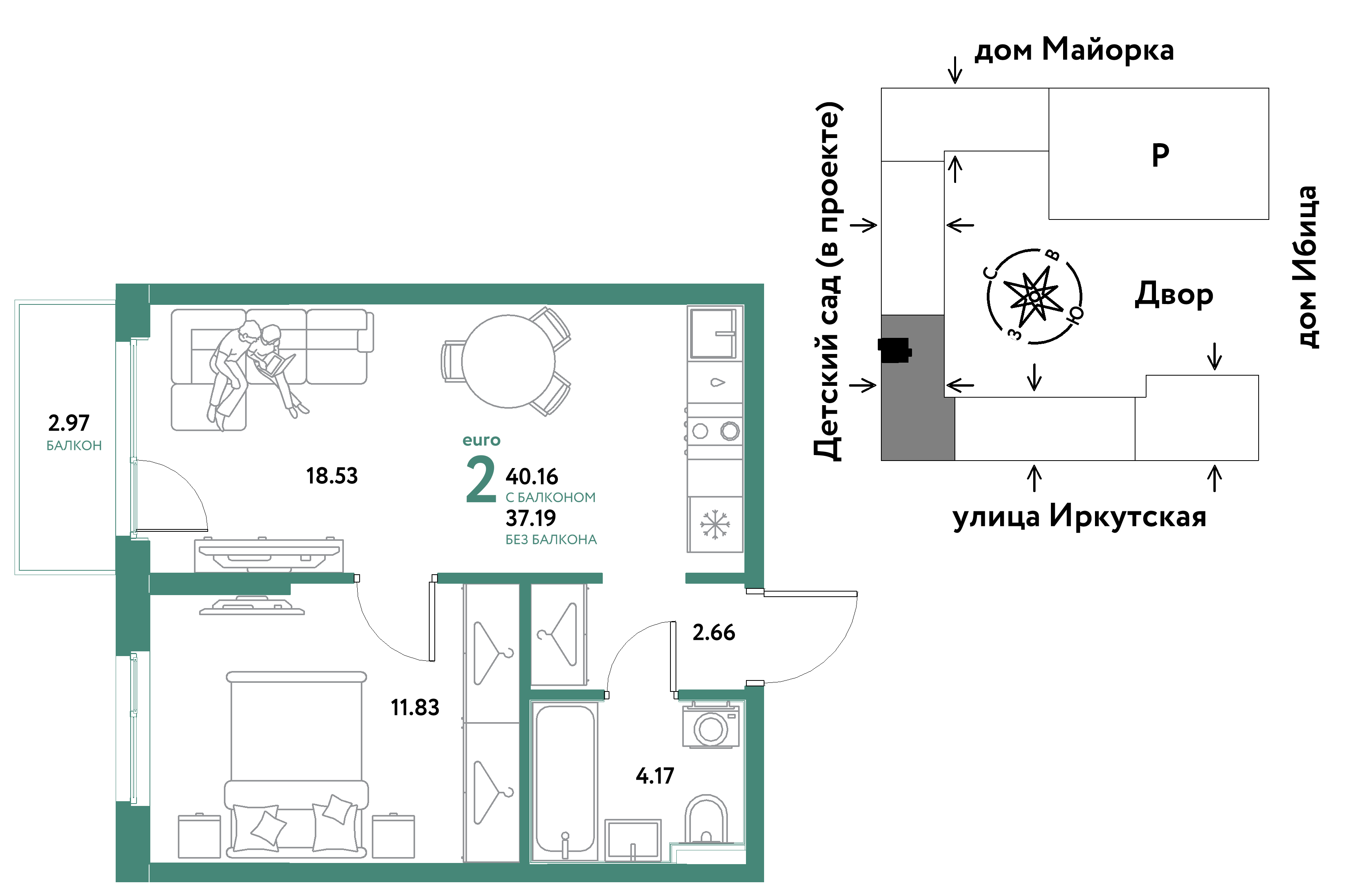 2-комнатная 40 м2 в ЖК Остров-сад корпус null этаж 12
