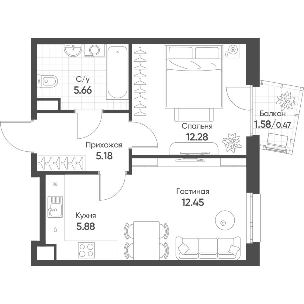 2-комнатная 41 м2 в ЖК Счастье в Казани корпус null этаж 7