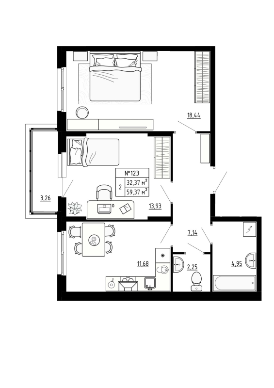 2-комнатная 59 м2 в ЖК Аннино Сити корпус null этаж 2