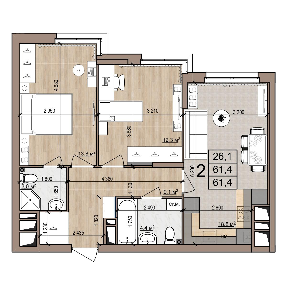 2-комнатная 61 м2 в ЖК Полярная звезда корпус null этаж 14