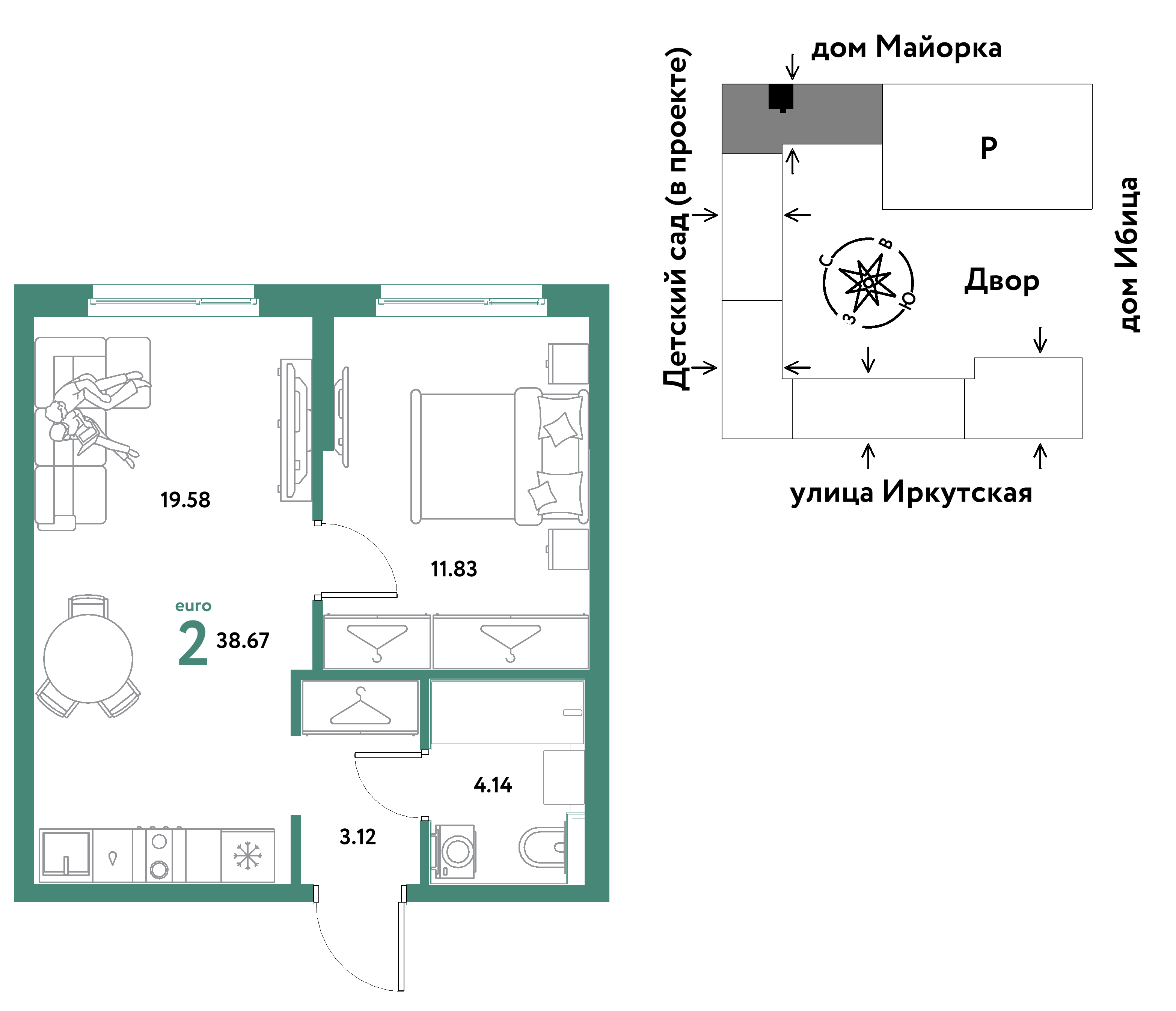 2-комнатная 38 м2 в ЖК Остров-сад корпус null этаж 16