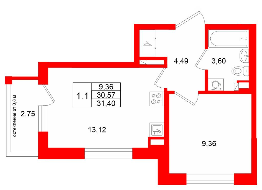 1-комнатная 30 м2 в ЖК Univer City корпус null этаж 3