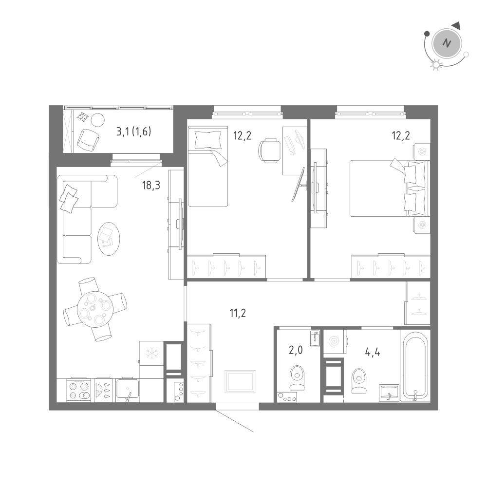 2-комнатная 61 м2 в ЖК Клюква.Парк корпус null этаж 11