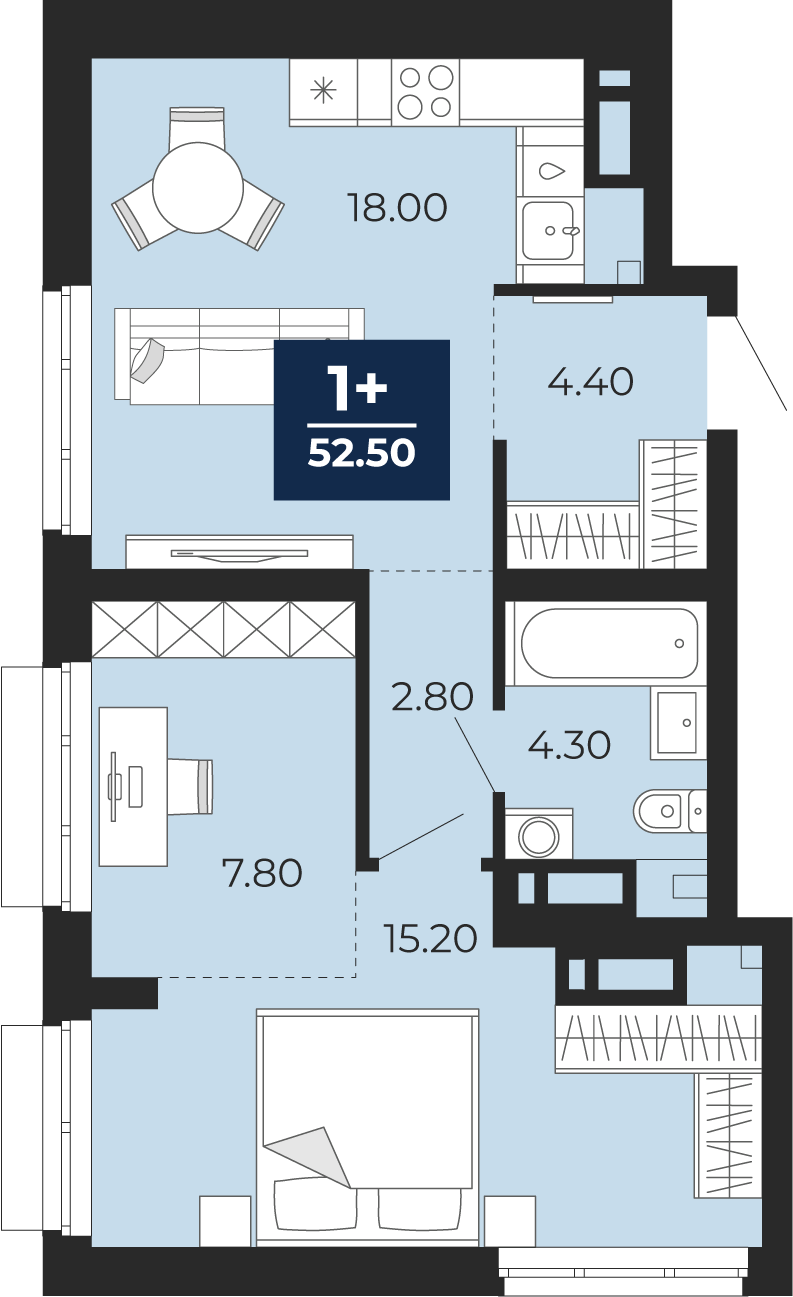 1-комнатная 52 м2 в ЖК Айвазовский корпус null этаж 18