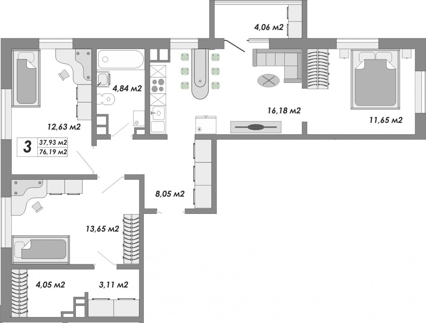 3-комнатная 76.2 м2 в ЖК undefined корпус null этаж 12