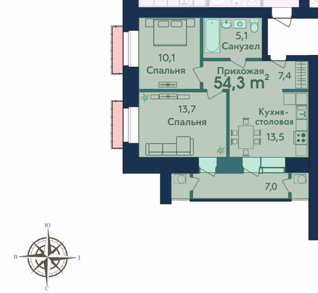 2-комнатная 54.3 м2 в ЖК undefined корпус null этаж 7