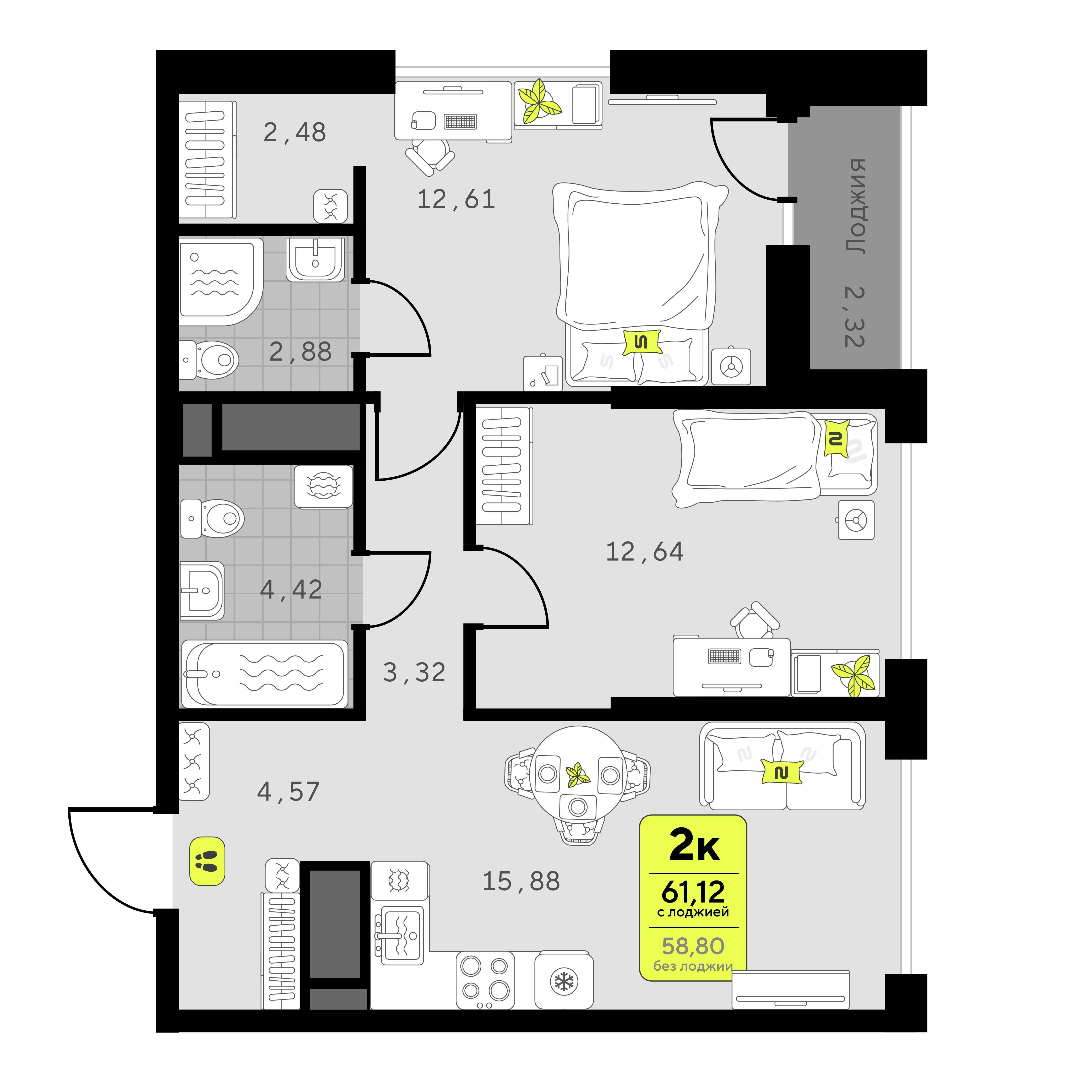 2-комнатная 61 м2 в ЖК Мотивы корпус null этаж 14