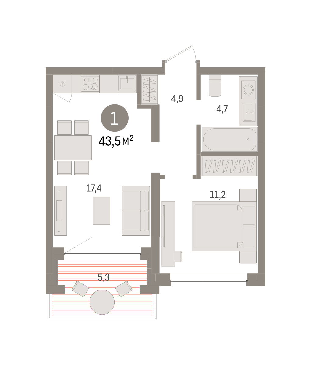 1-комнатная 43 м2 в ЖК Европейский квартал корпус null этаж 5