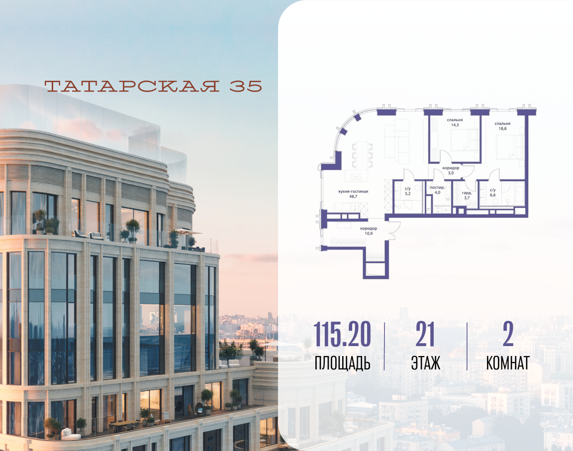 2-комнатная 115 м2 в ЖК Татарская 35 корпус null этаж 21
