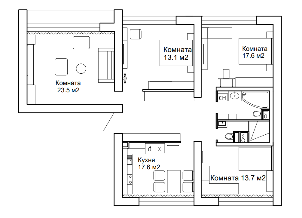 3-комнатная 120.5 м2 в ЖК undefined корпус null этаж 2