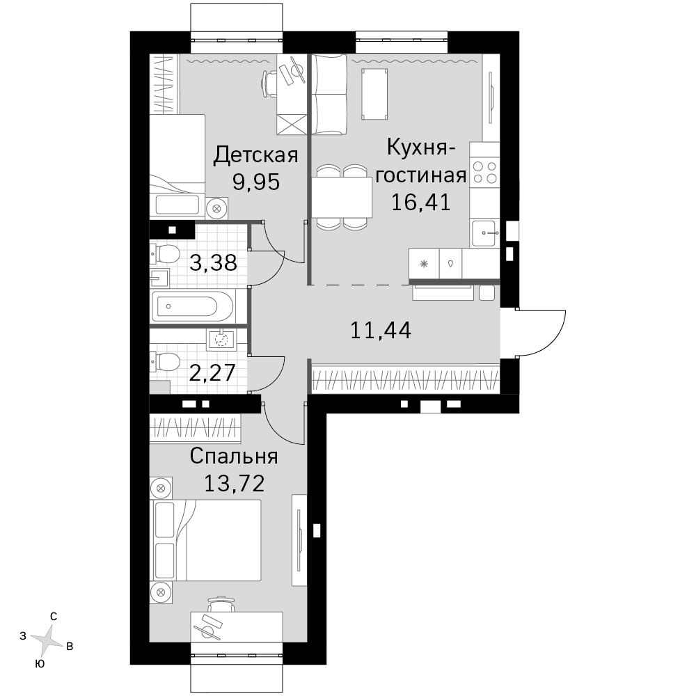 3-комнатная 57 м2 в ЖК Жаворонки Клаб корпус null этаж 2