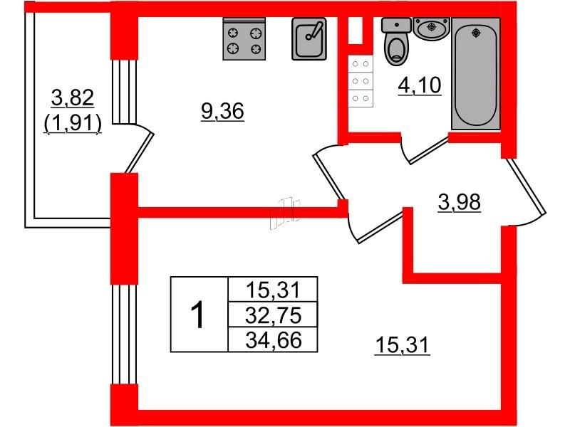 1-комнатная 32 м2 в ЖК Золотые купола. Новая История корпус null этаж 4