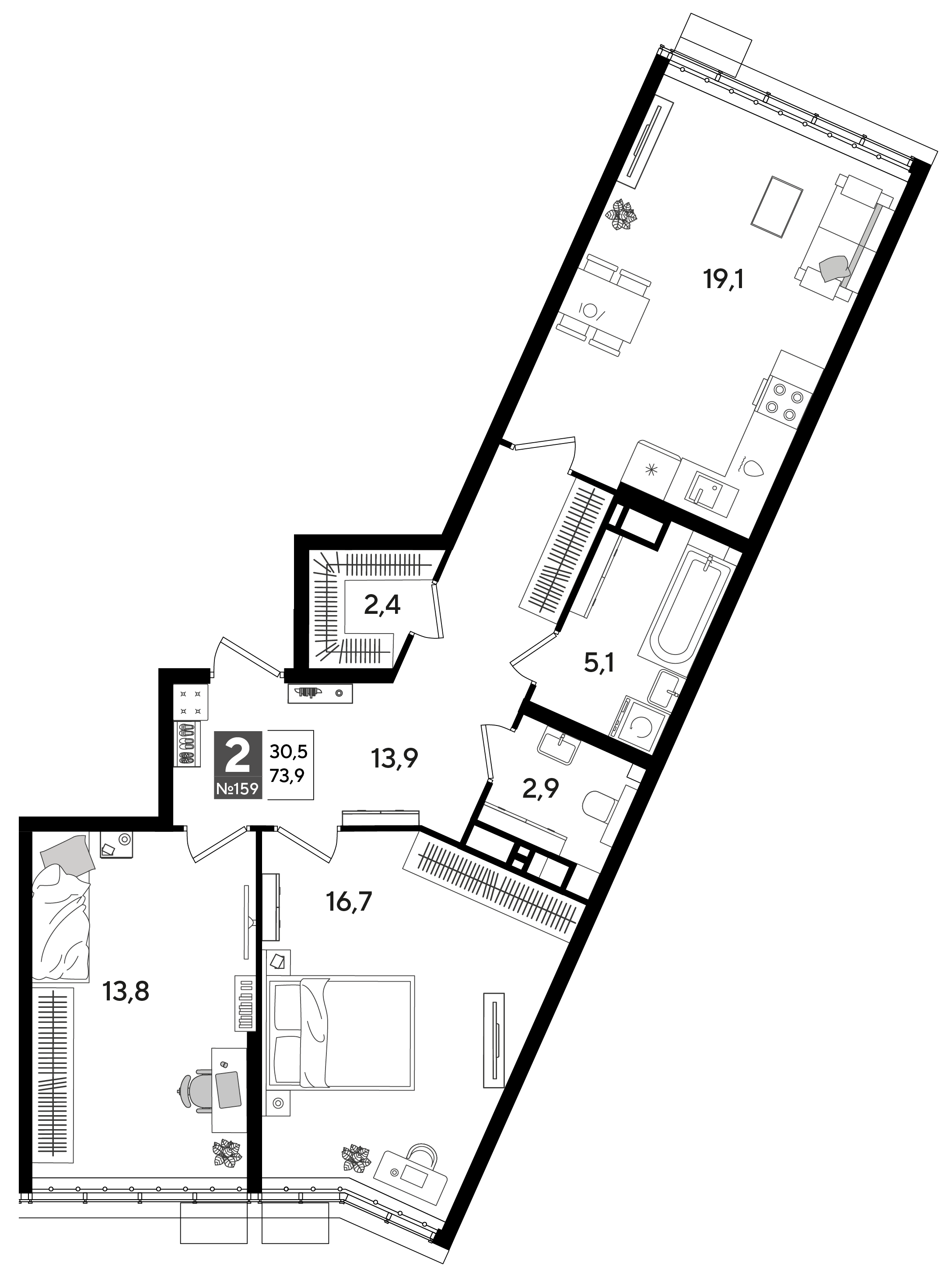 2-комнатная 73 м2 в ЖК Догма Парк корпус null этаж 19
