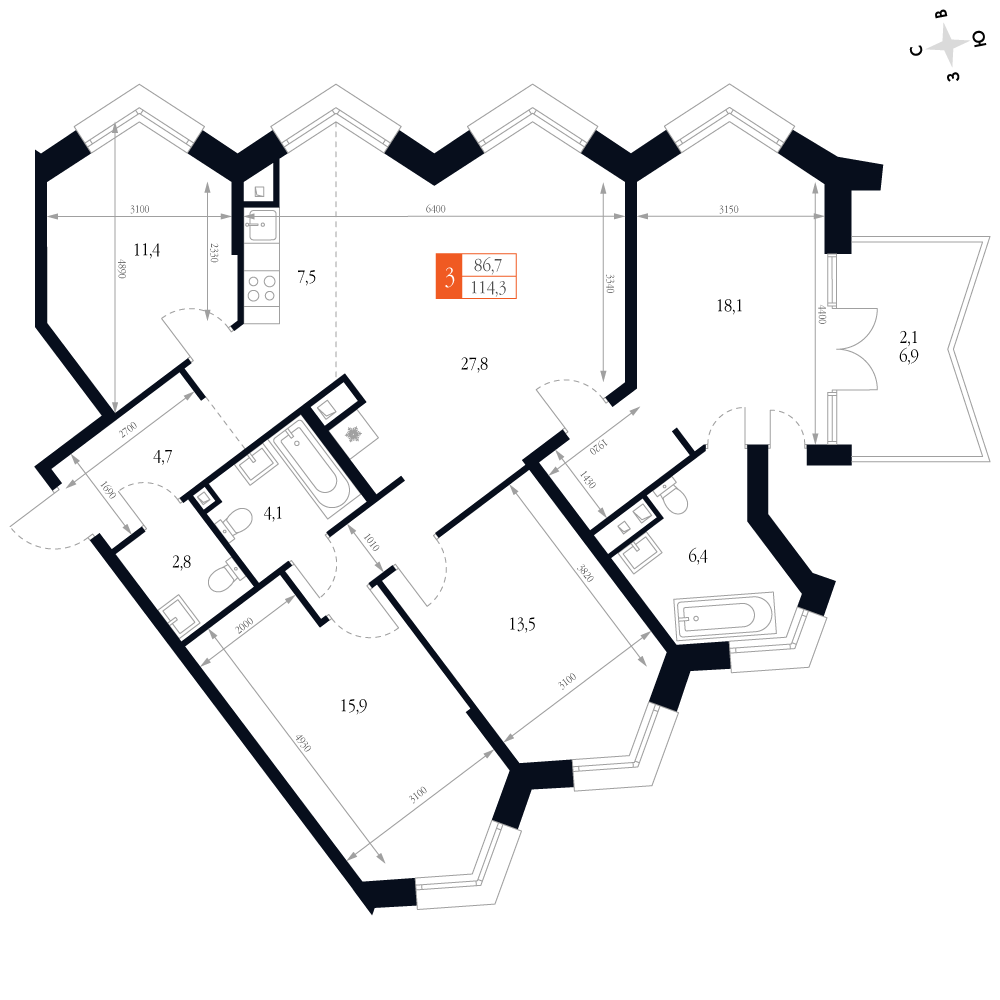 5-комнатная 114 м2 в ЖК Фордевинд корпус null этаж 15
