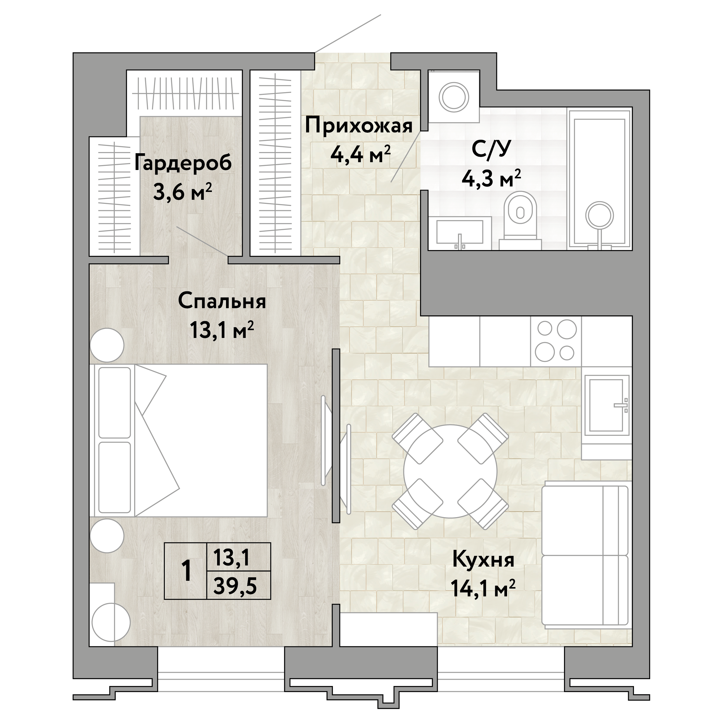 1-комнатная 39 м2 в ЖК Сердце Бонивура корпус null этаж 8