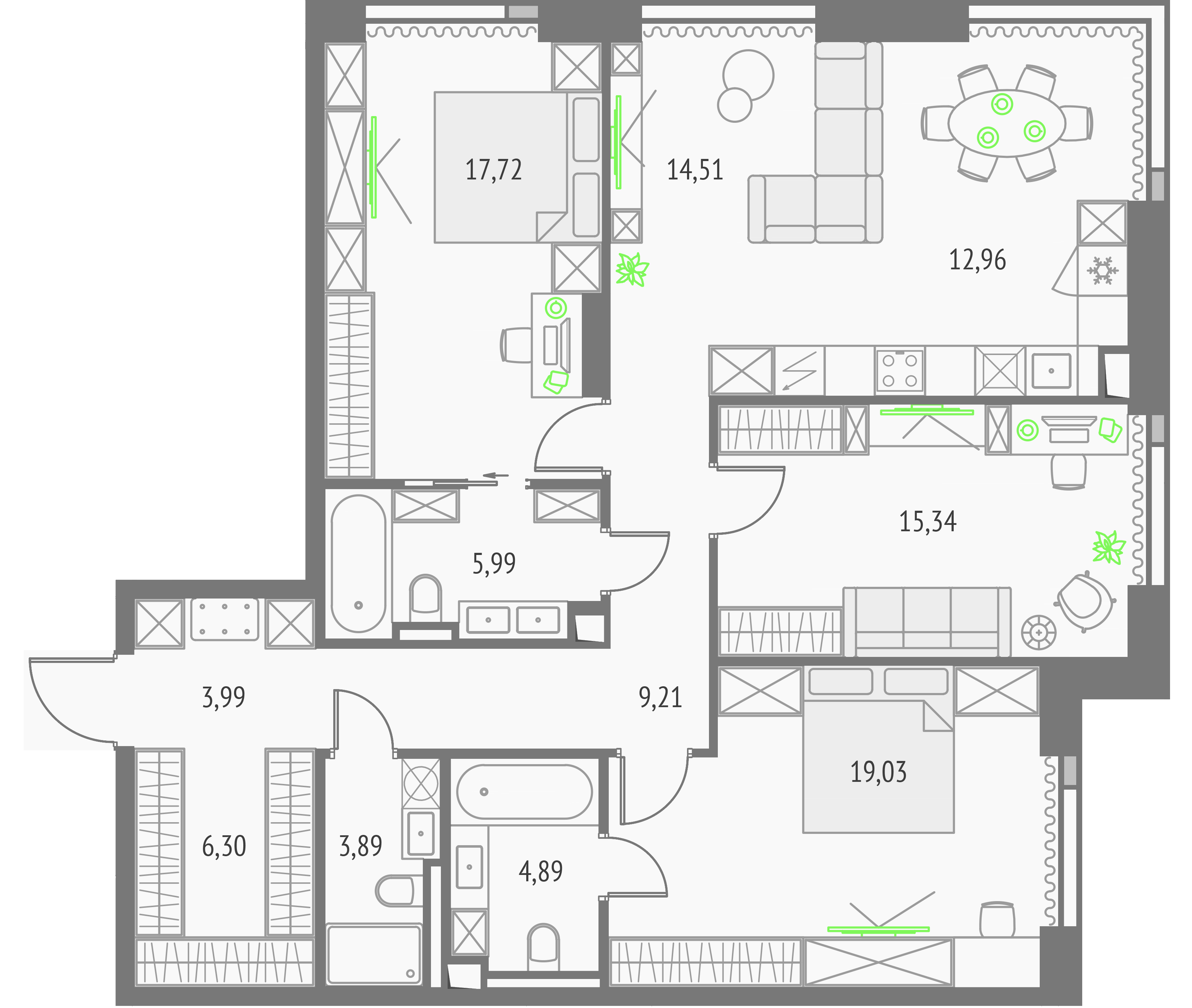 3-комнатная 113 м2 в ЖК Upside Towers корпус null этаж 13