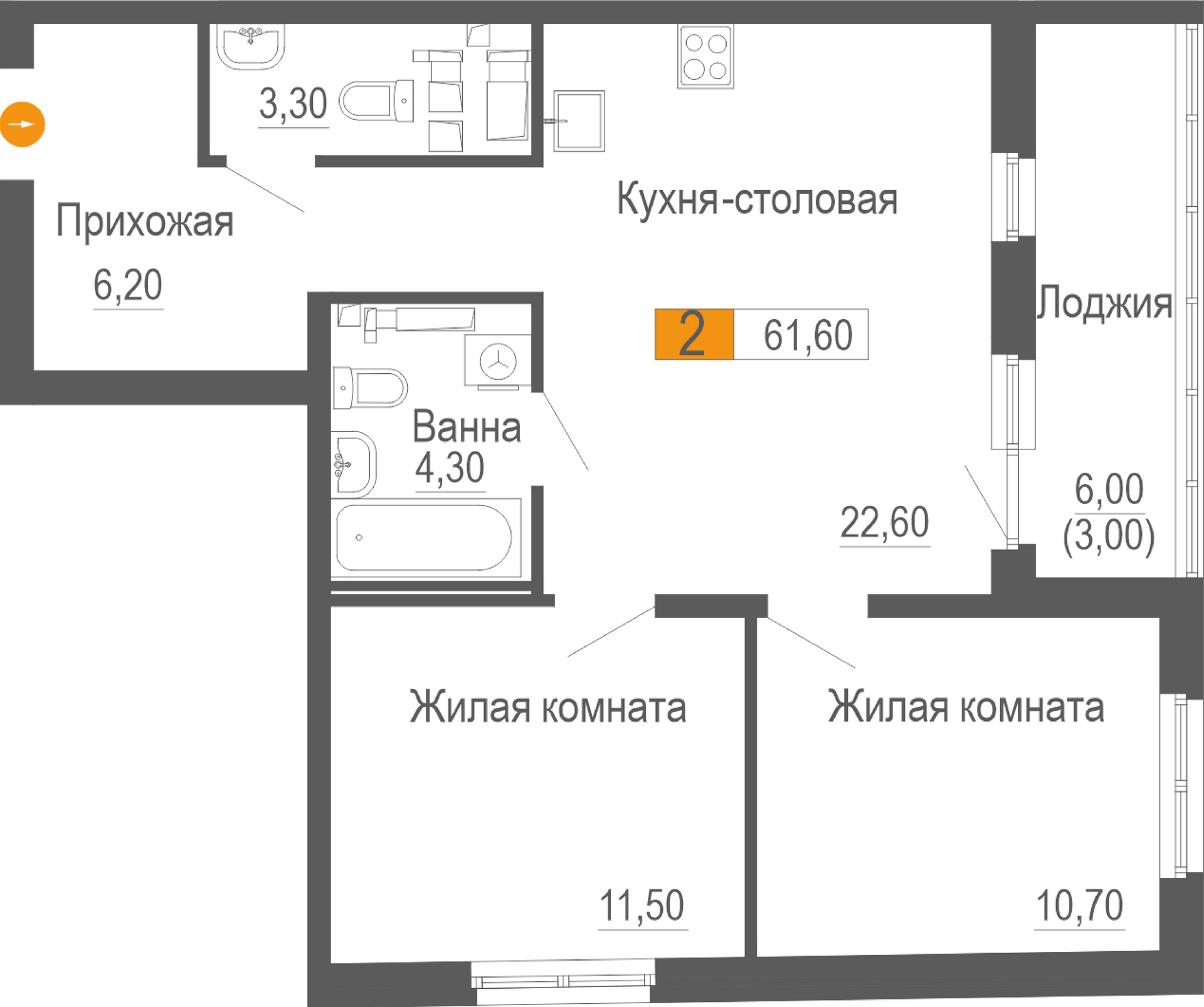 2-комнатная 57 м2 в ЖК Фристайл корпус null этаж 12