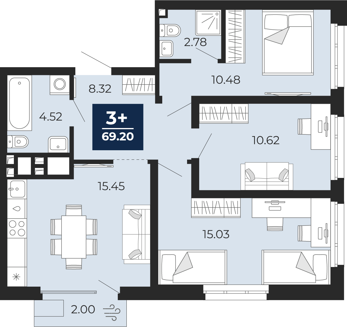 3-комнатная 67 м2 в ЖК Беринг корпус null этаж 9
