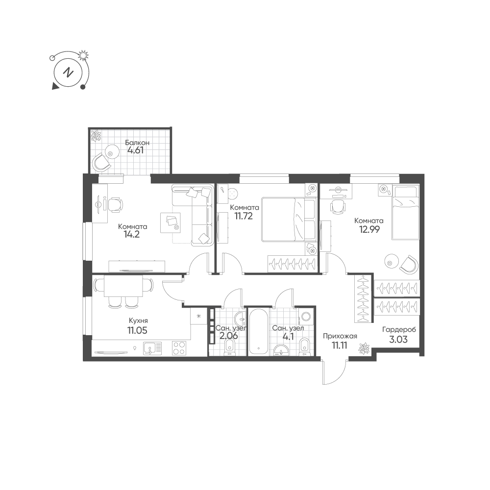3-комнатная 71 м2 в ЖК Балтым-Парк корпус null этаж 4