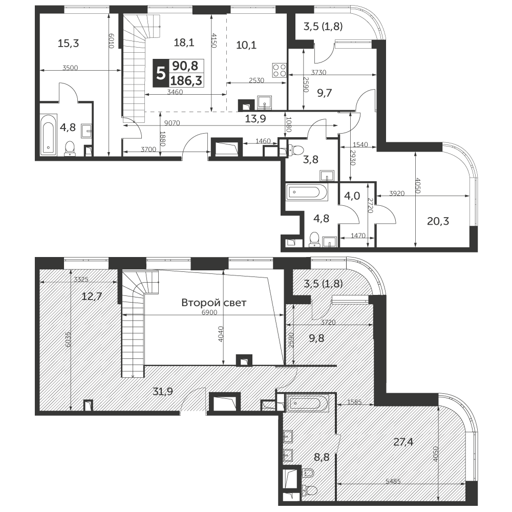5-комнатная 186 м2 в ЖК Режиссер корпус null этаж 45