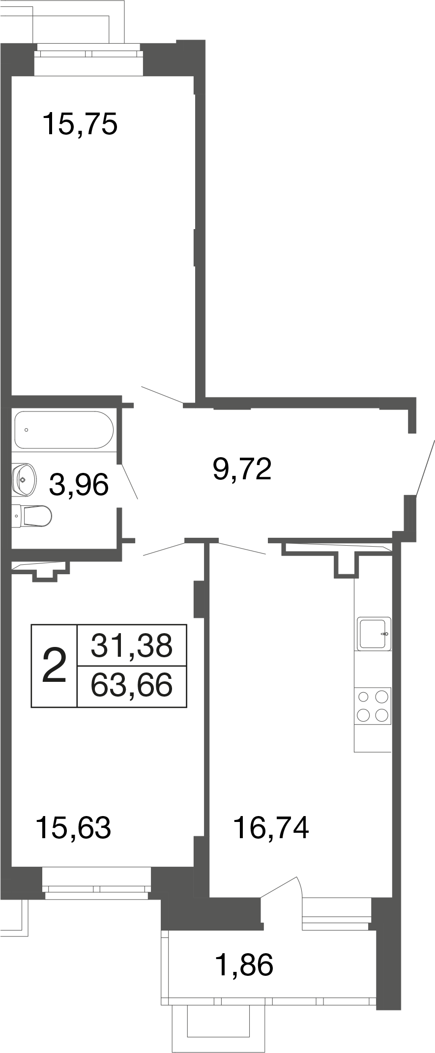 2-комнатная 63 м2 в ЖК Времена года корпус null этаж 1