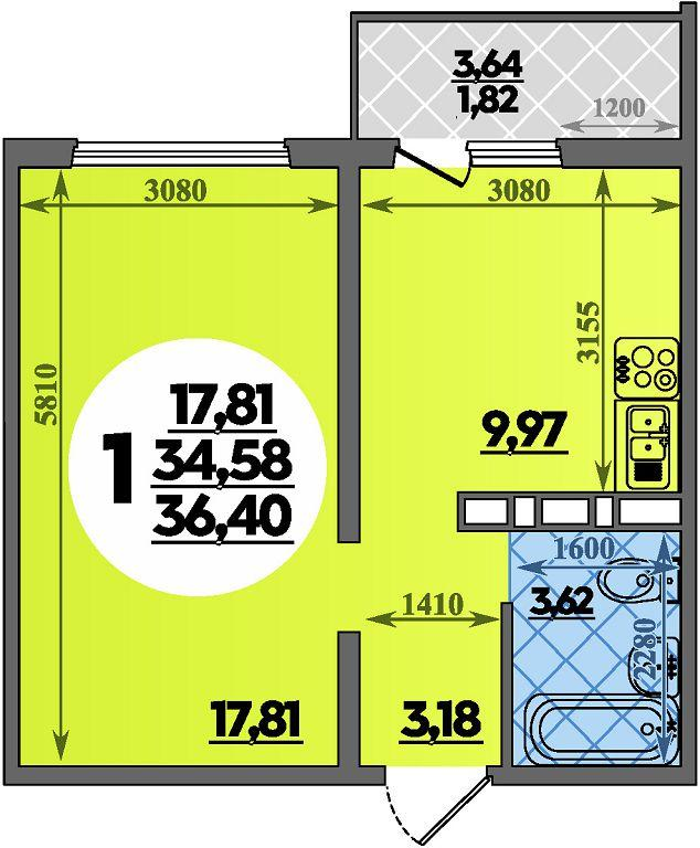 1-комнатная 36 м2 в ЖК Суворовский корпус null этаж 12