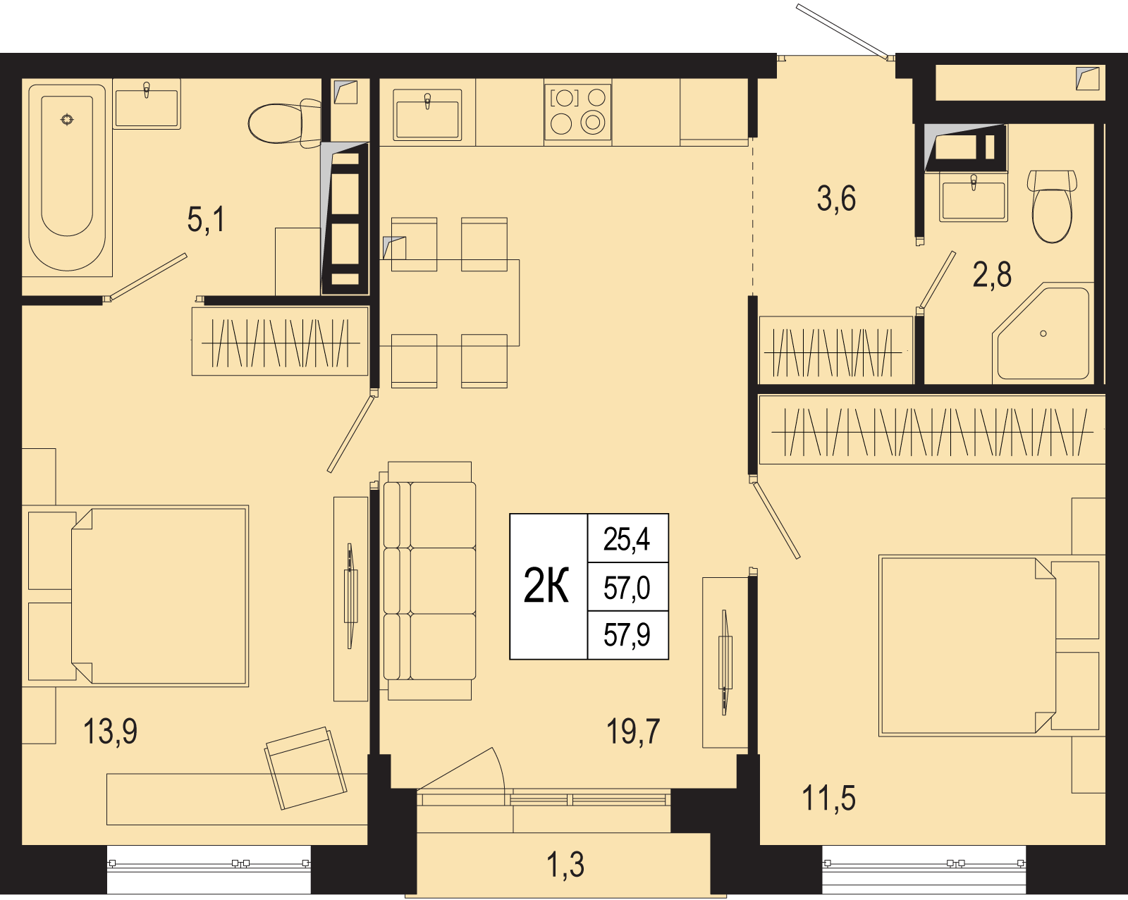 2-комнатная 57 м2 в ЖК Новая Щербинка корпус null этаж 8