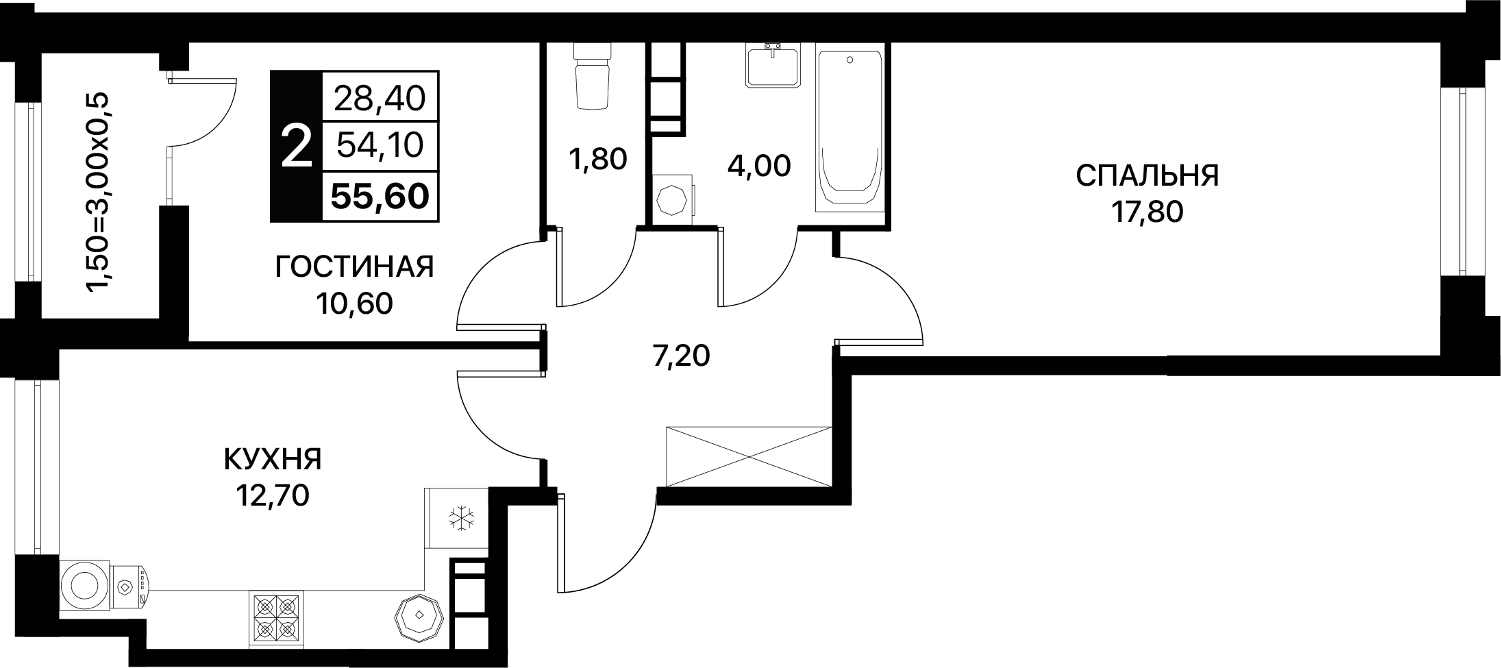 2-комнатная 55 м2 в ЖК Сияние корпус null этаж 11