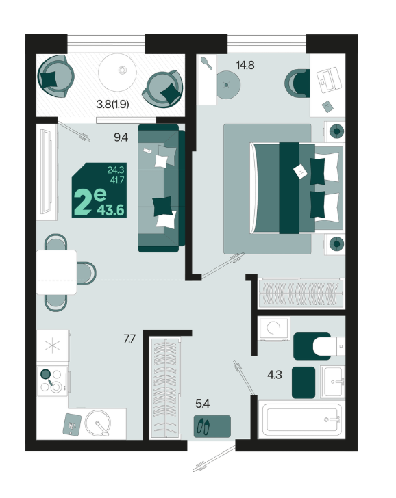 2-комнатная 43.6 м2 в ЖК undefined корпус null этаж 2