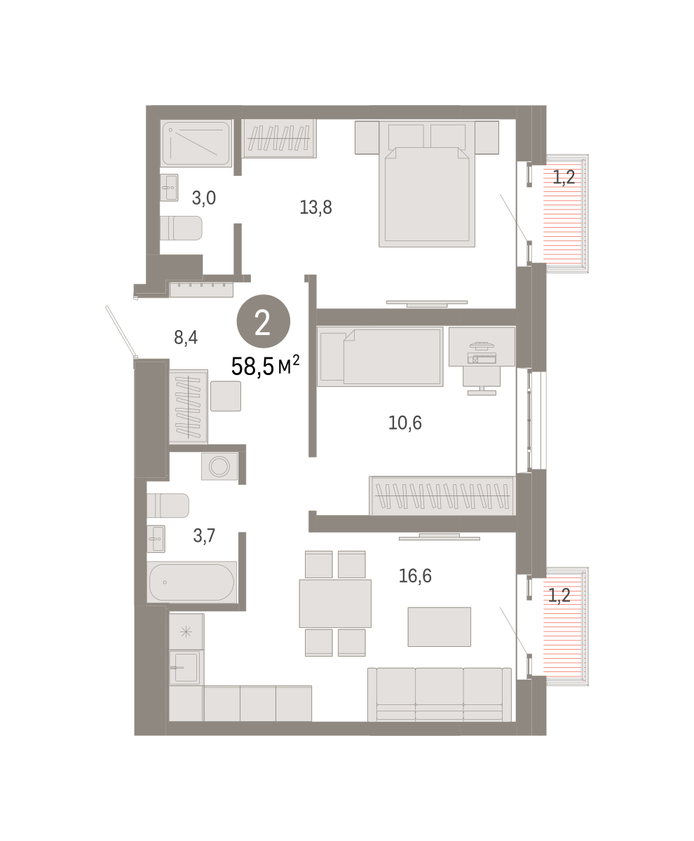 2-комнатная 58 м2 в ЖК Метроном корпус null этаж 13