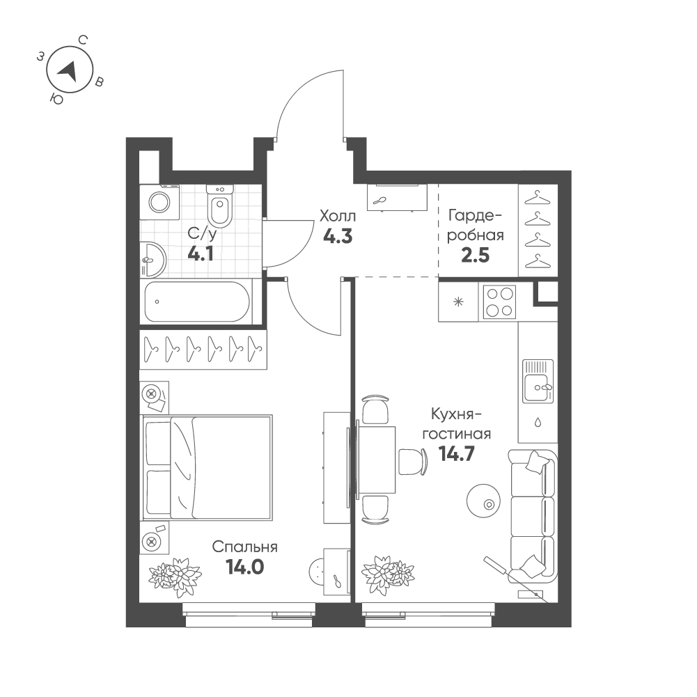 1-комнатная 39 м2 в ЖК Шагал корпус null этаж 9