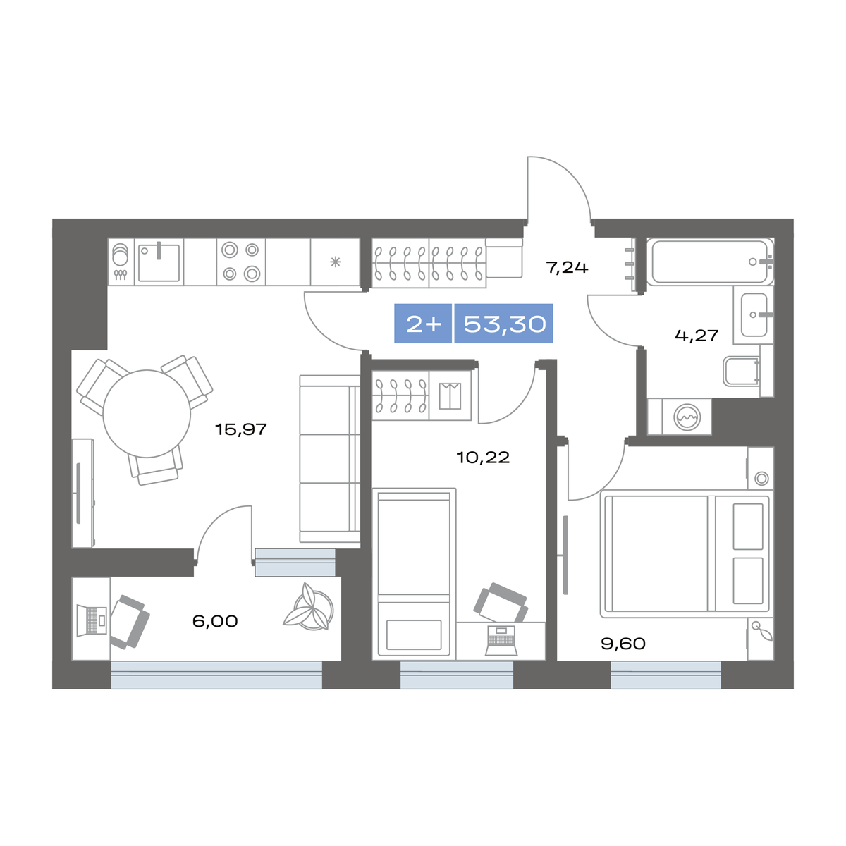 2-комнатная 53 м2 в ЖК Пятнашка корпус null этаж 13