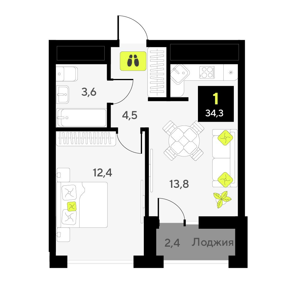 1-комнатная 34 м2 в ЖК Мотивы корпус null этаж 8