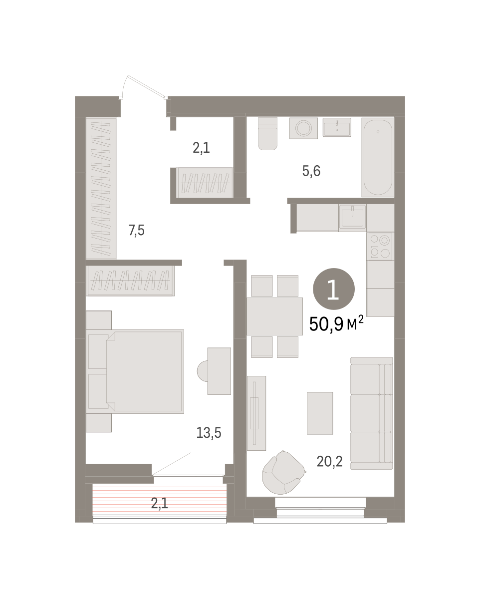 1-комнатная 50 м2 в ЖК Речной порт корпус null этаж 6
