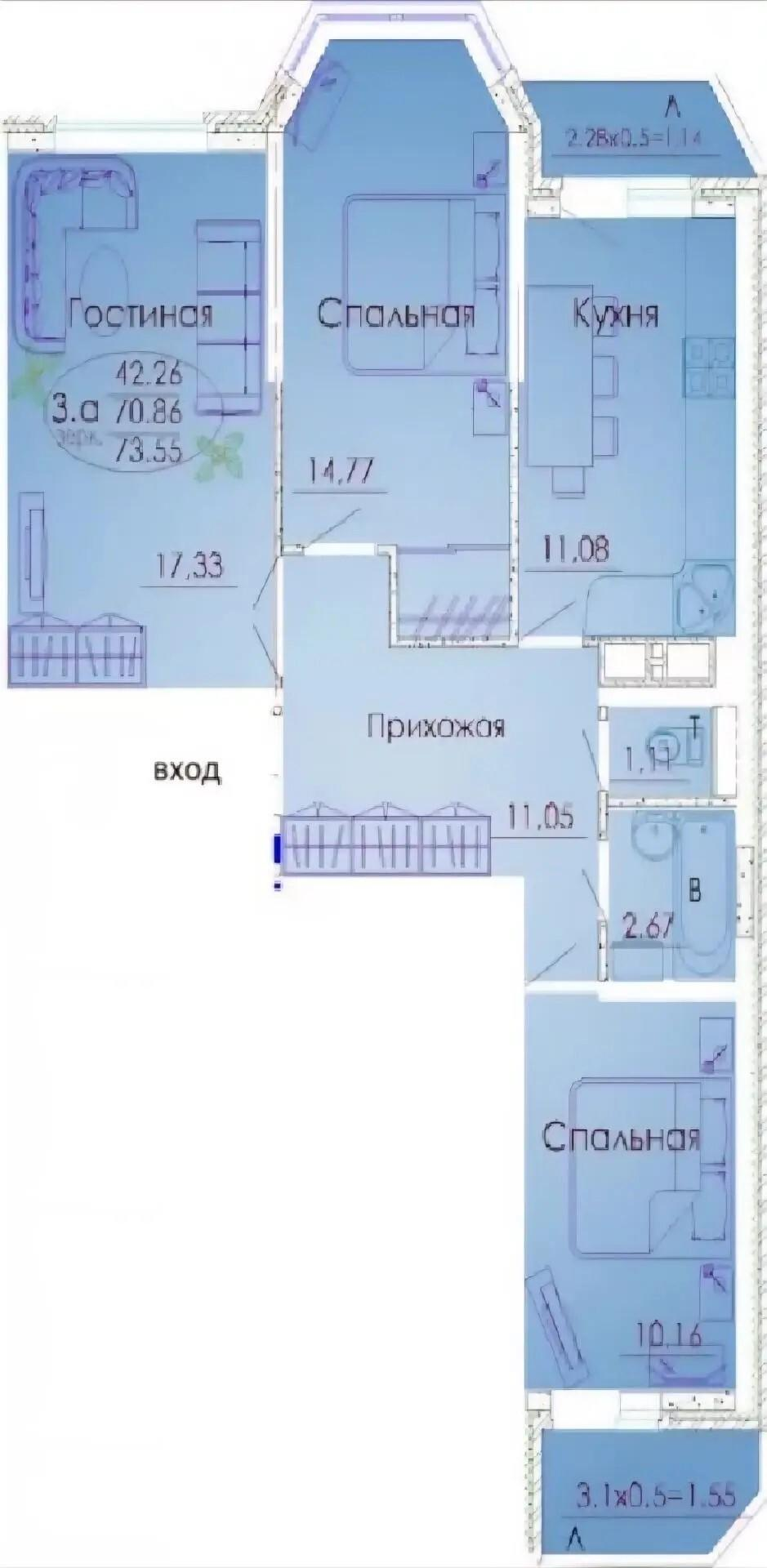 3-комнатная 68.3 м2 в ЖК undefined корпус null этаж 19